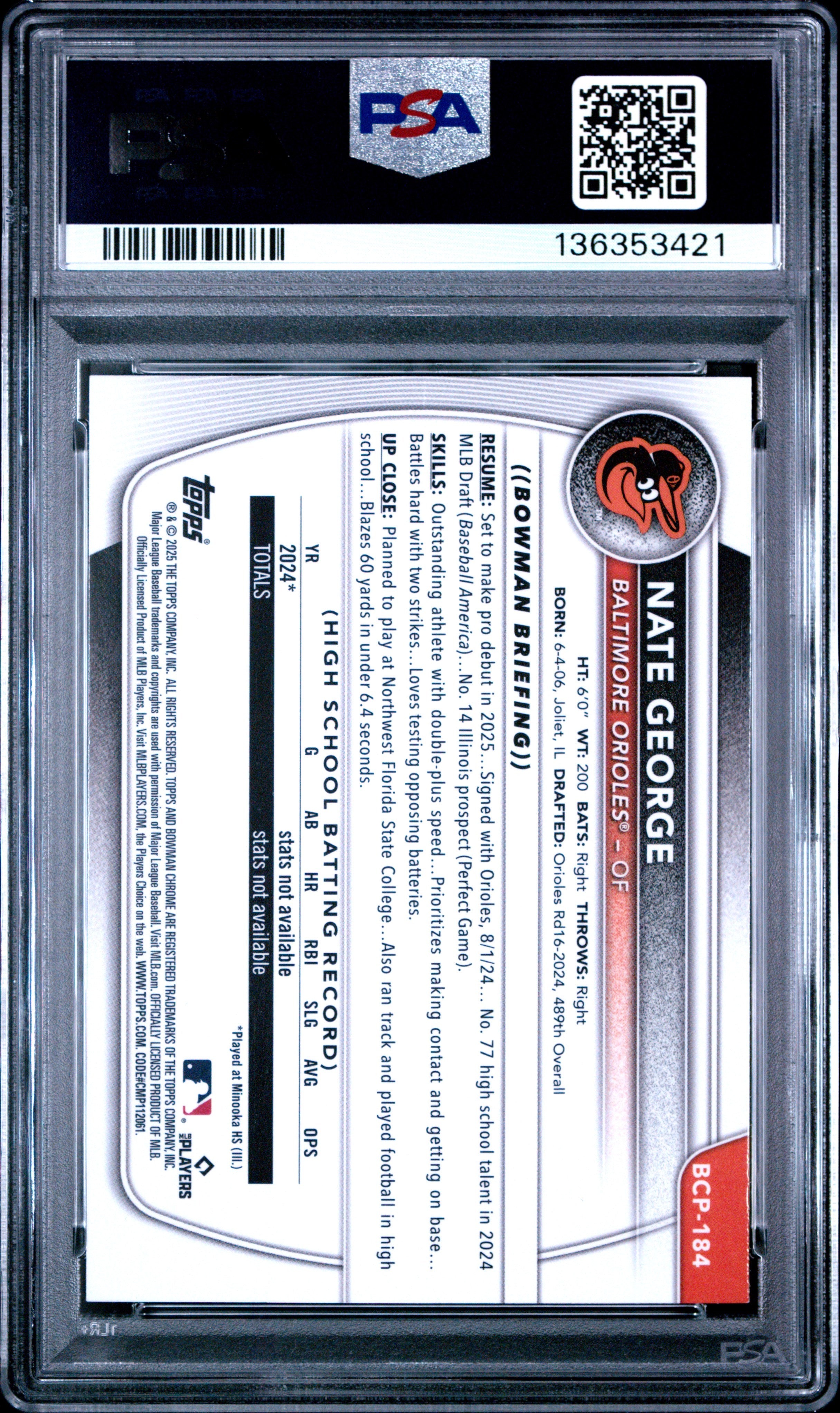 2025 Bowman Chrome Nate George #BCP-184 Pulsar Refractor /399 1st Bowman PSA 10