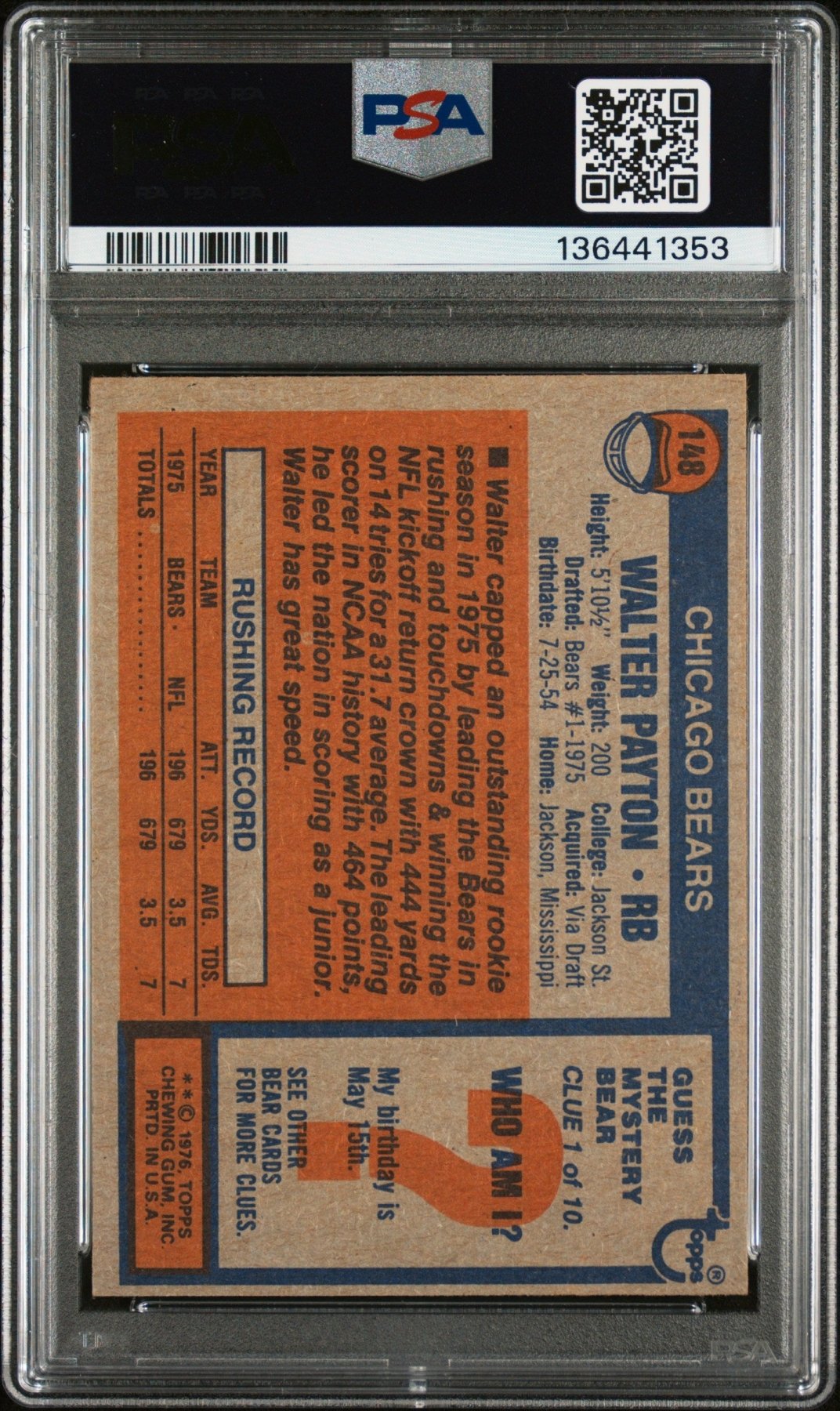 1976 Topps Football Walter Payton #148 RC Rookie PSA 6 Secondary image