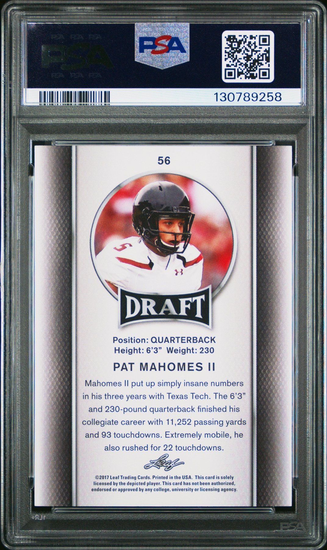 2017 Leaf Draft Patrick Pat Mahomes II #56 Gold RC Rookie PSA 10 Secondary image
