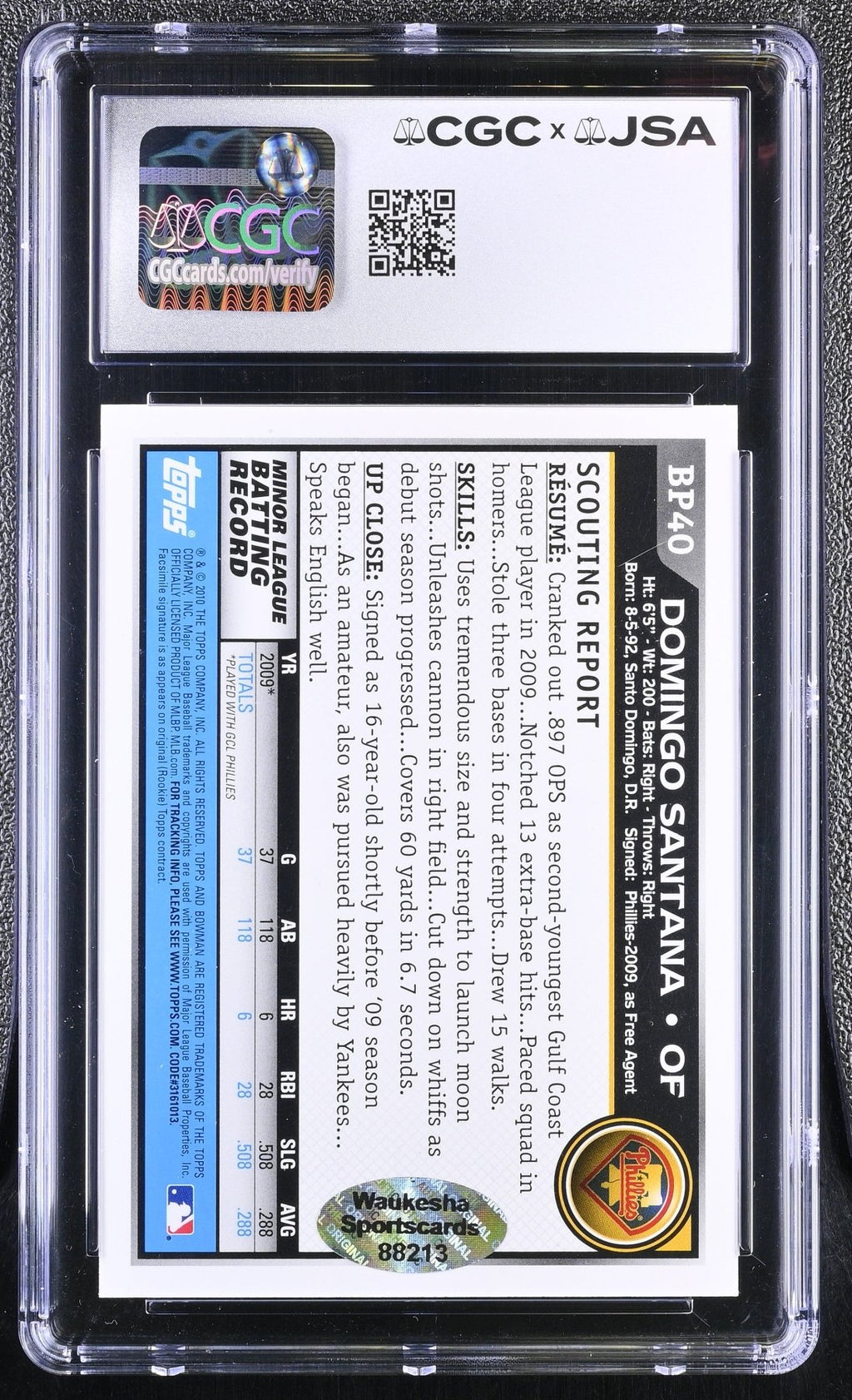 2010 Bowman Domingo Santana BP40 Black Hand Signed Auto 1st Bowman CGC 8Graded Sports Cards