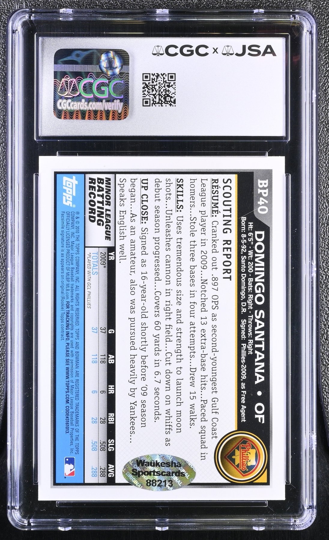 2010 Bowman Domingo Santana BP40 Black Hand Signed Auto 1st Bowman CGC 8Graded Sports Cards