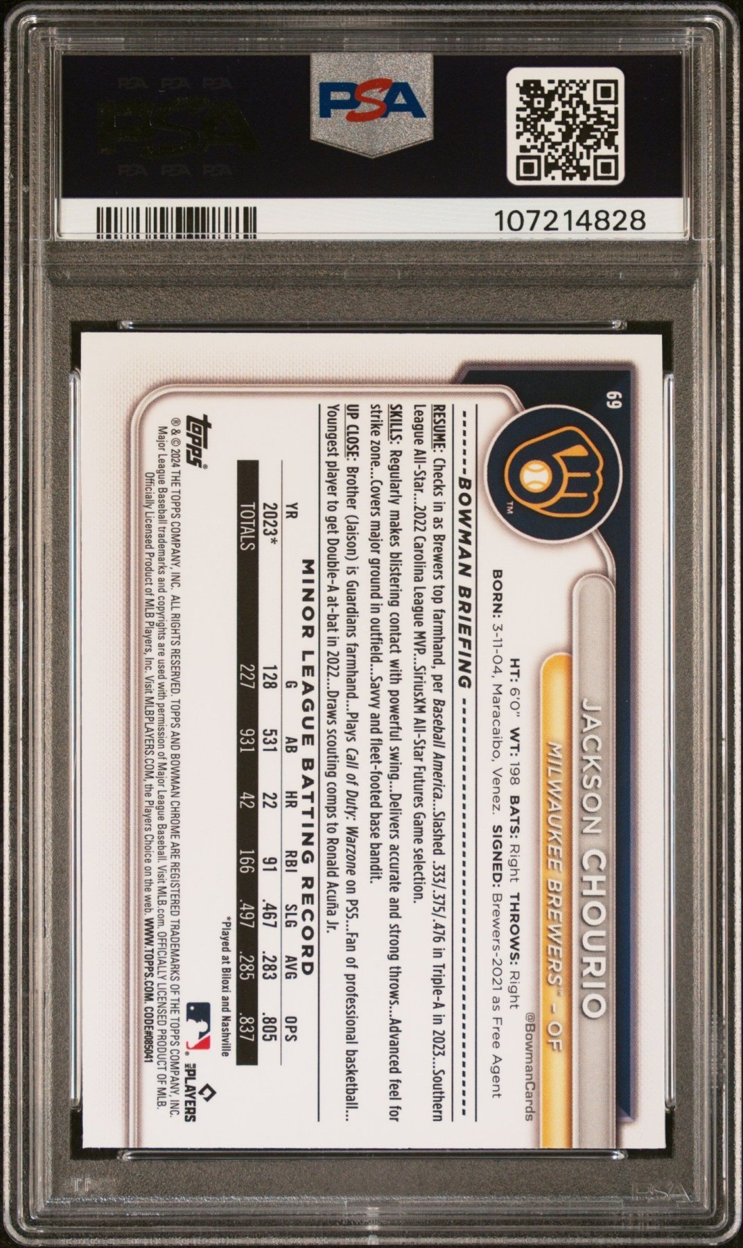 2024 Bowman Chrome Sapphire Jackson Chourio #69 Gold RC Rookie 44/50 PSA 10 Secondary image
