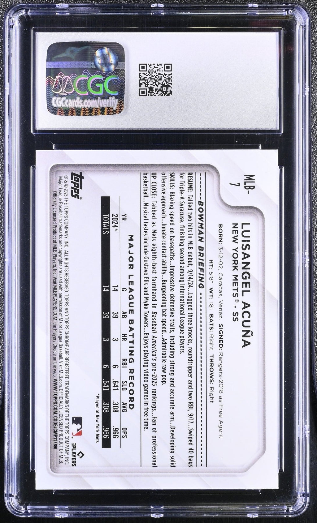 2025 Topps Chrome The National Luisangel Acuna MLB - 7 Refractor Rookie CGC 9.5Graded Sports Cards