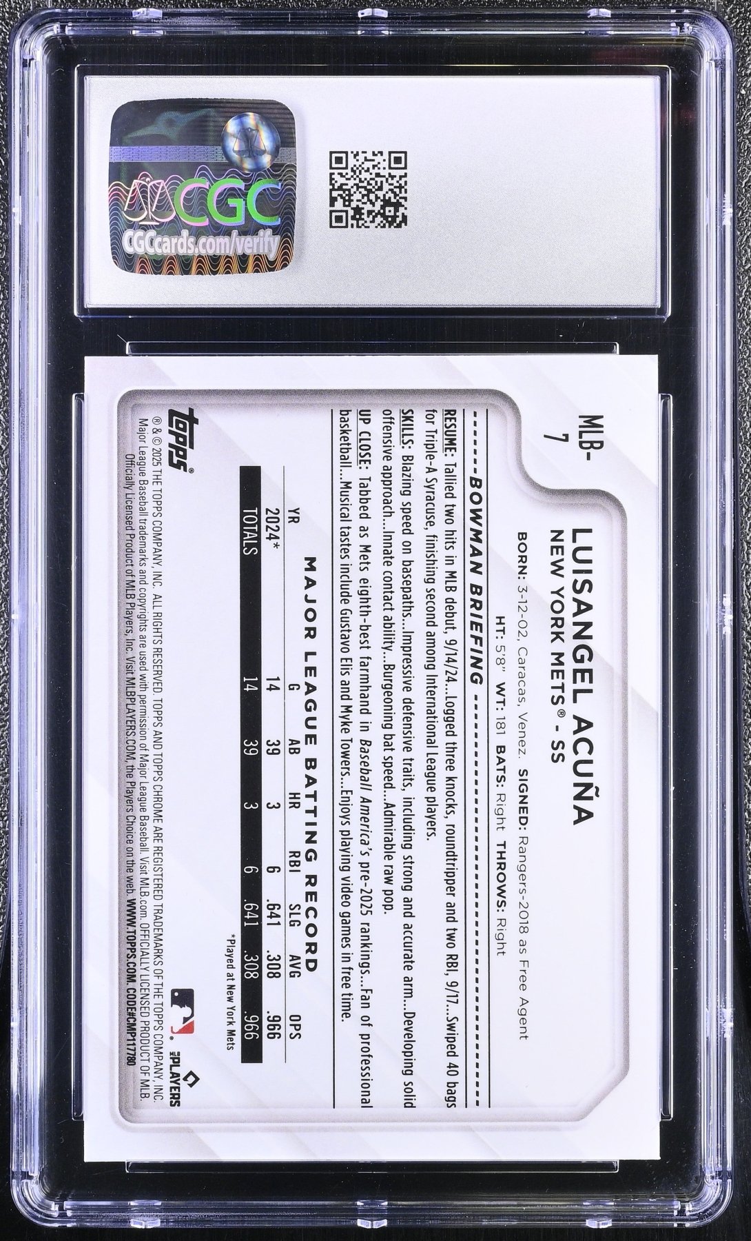 2025 Topps Chrome The National Luisangel Acuna MLB - 7 Refractor Rookie CGC 9.5Graded Sports Cards