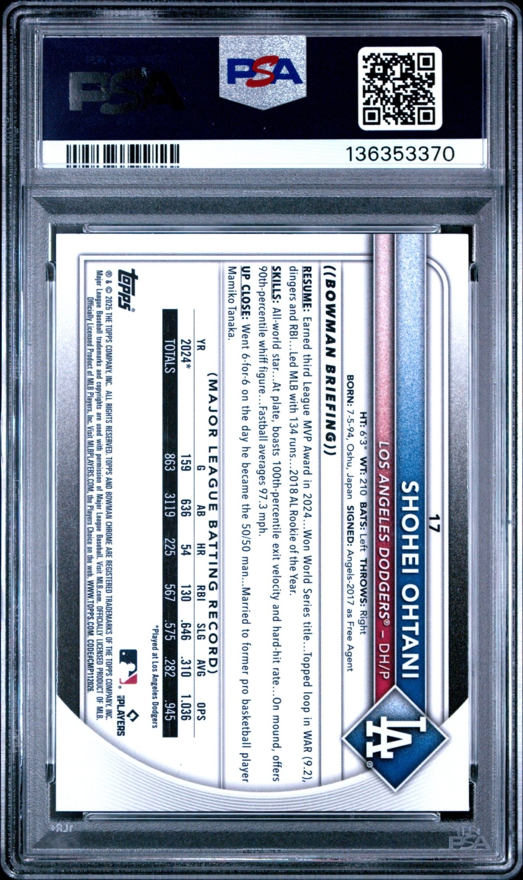 2025 Bowman Chrome Shohei Ohtani #17 Blue Geometric 059/150 PSA 8 Secondary image