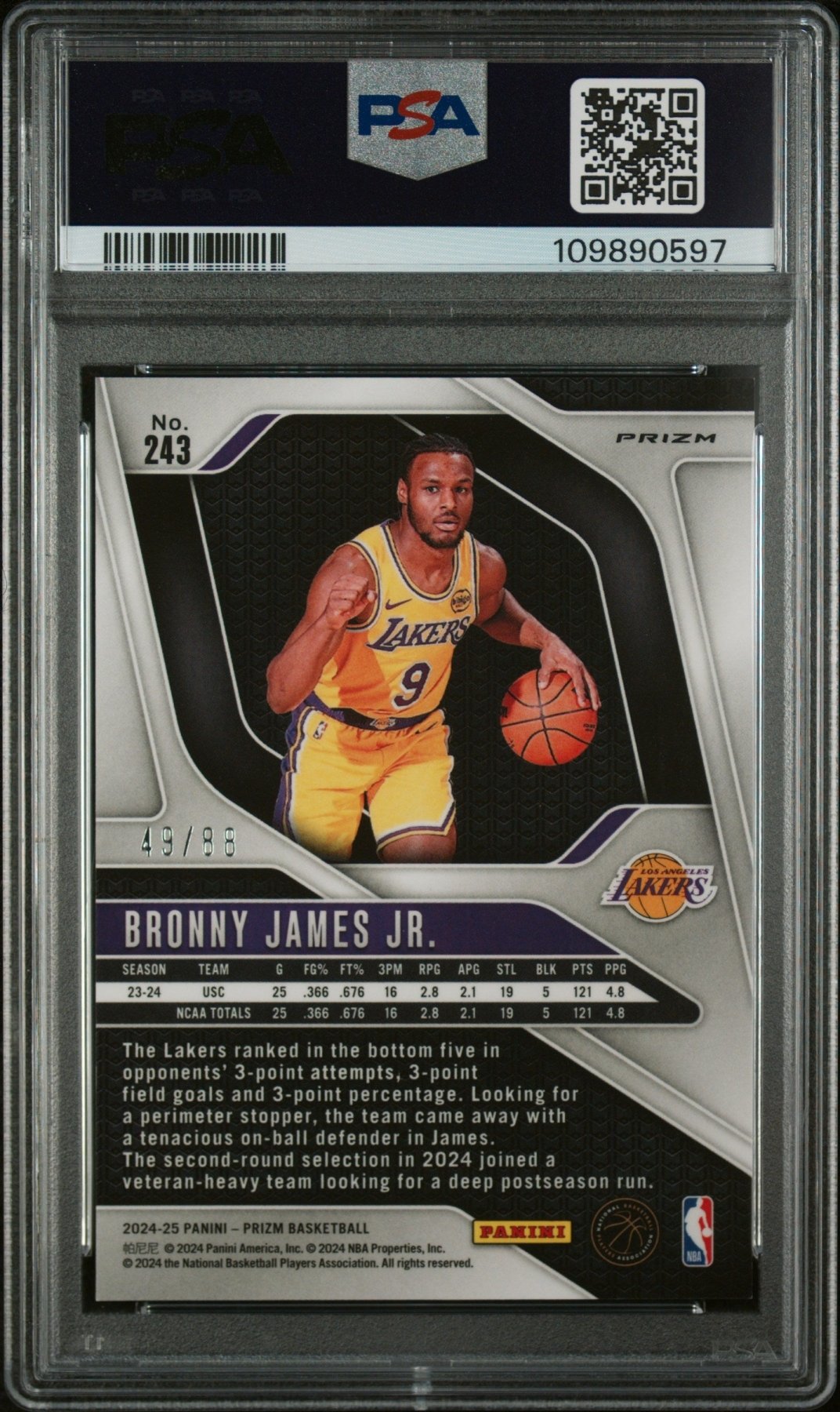 2024-25 Panini Prizm Bronny James JR. #243 Red Choice Prizm 49/88 PSA 9 Secondary image
