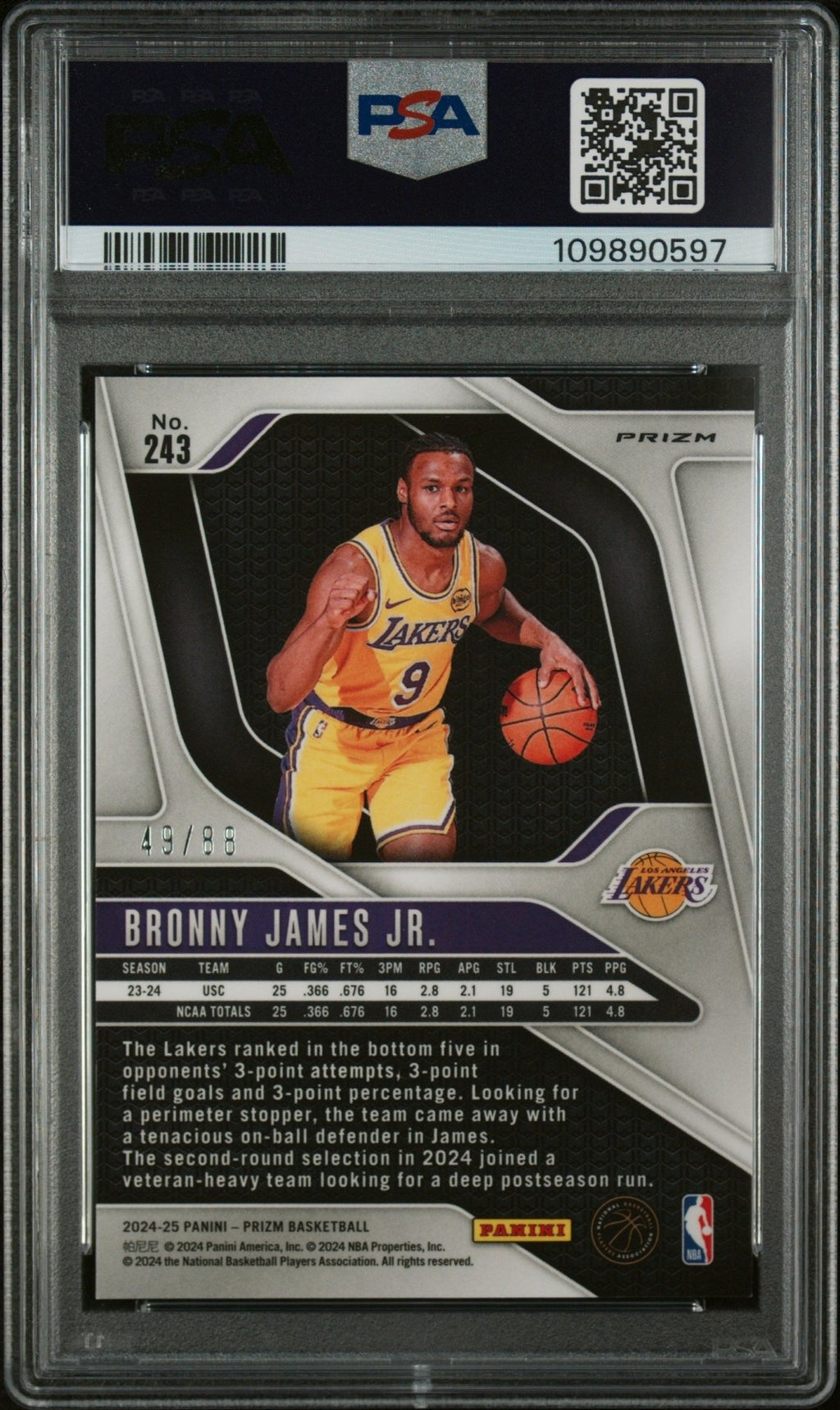 2024 - 25 Panini Prizm Bronny James JR. 243 Red Choice Prizm 49/88 PSA 9Graded Sports Cards
