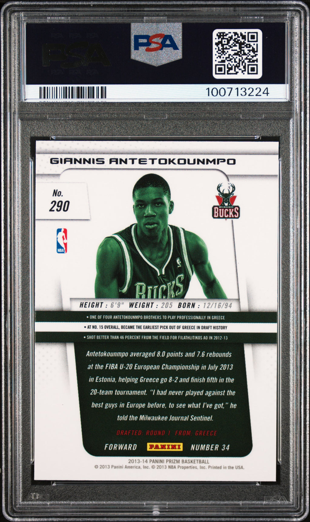 2013-14 Panini Prizm Basketball Giannis Antetokounmpo #290 RC Rookie PSA 10