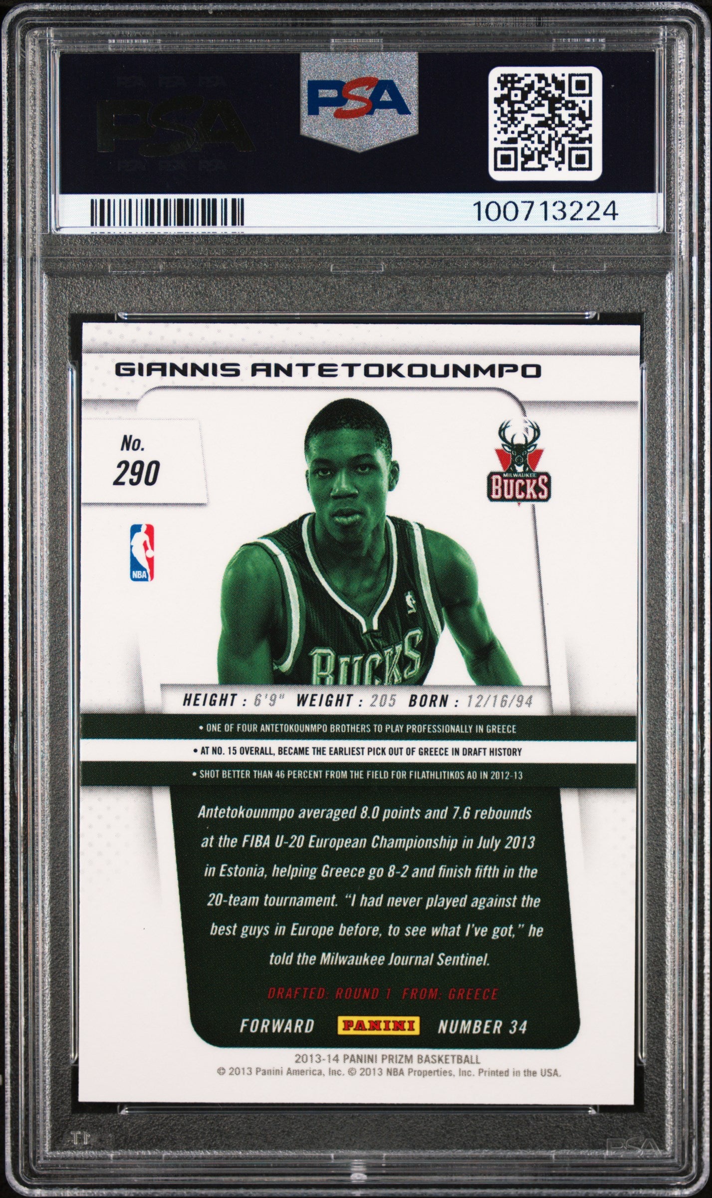 2013-14 Panini Prizm Basketball Giannis Antetokounmpo #290 RC Rookie PSA 10