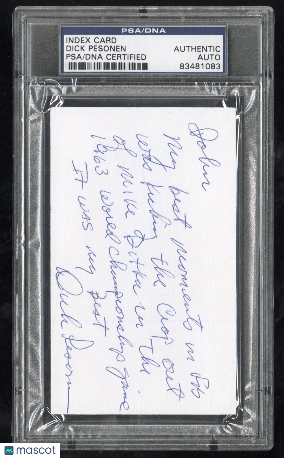 Dick Pesonen Hand Signed Index Card Beating Mike Ditka Inscription PSA DNAGraded Sports Cards