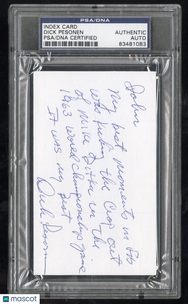 Dick Pesonen Hand Signed Index Card Beating Mike Ditka Inscription PSA DNA
