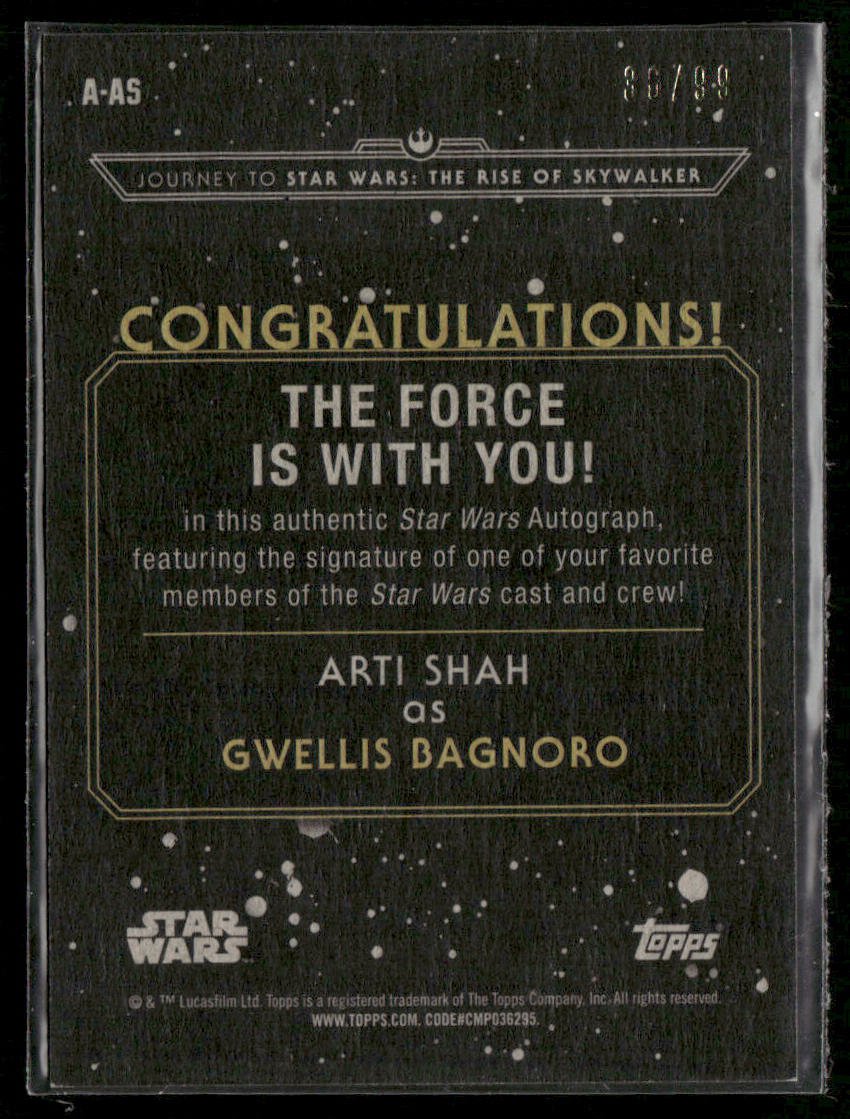 2019 Topps Star Wars Rise Of Skywalker Gwellis Bagnoro/Arti Shah /99 Auto #A-AS Secondary image