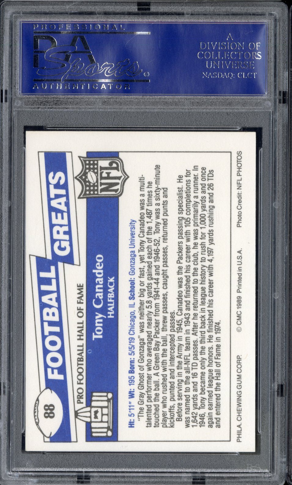1989 Swell Greats Tony Canadeo 88 Hand Signed Auto PSA AuthenticGraded Sports Cards