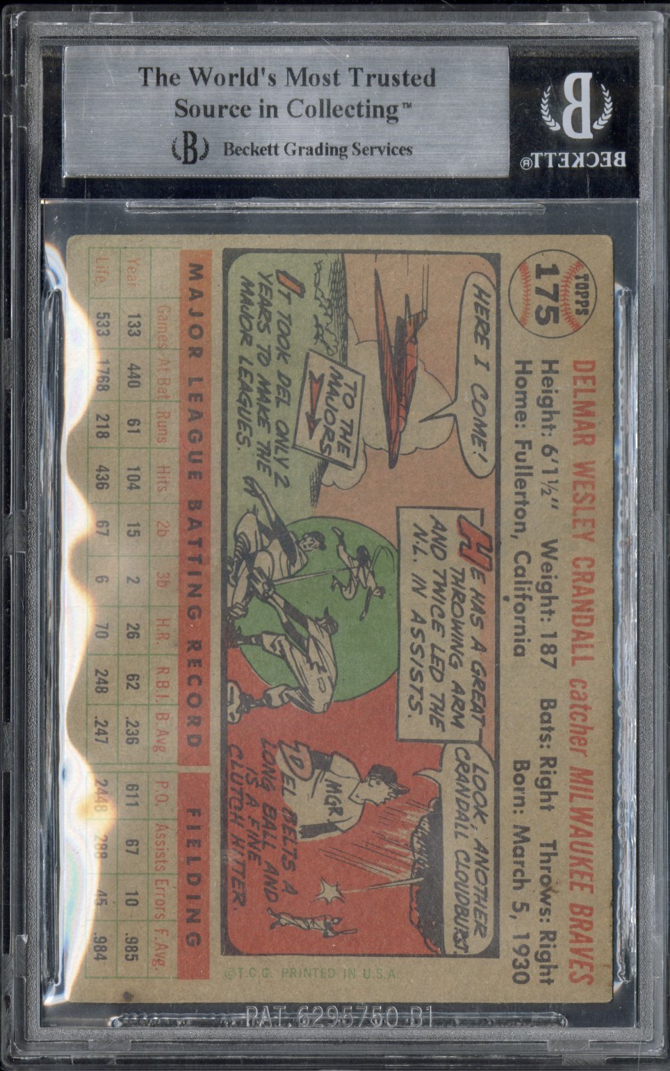 1956 Topps Del Crandall 175 Hand Signed Auto Beckett AuthenticGraded Sports Cards