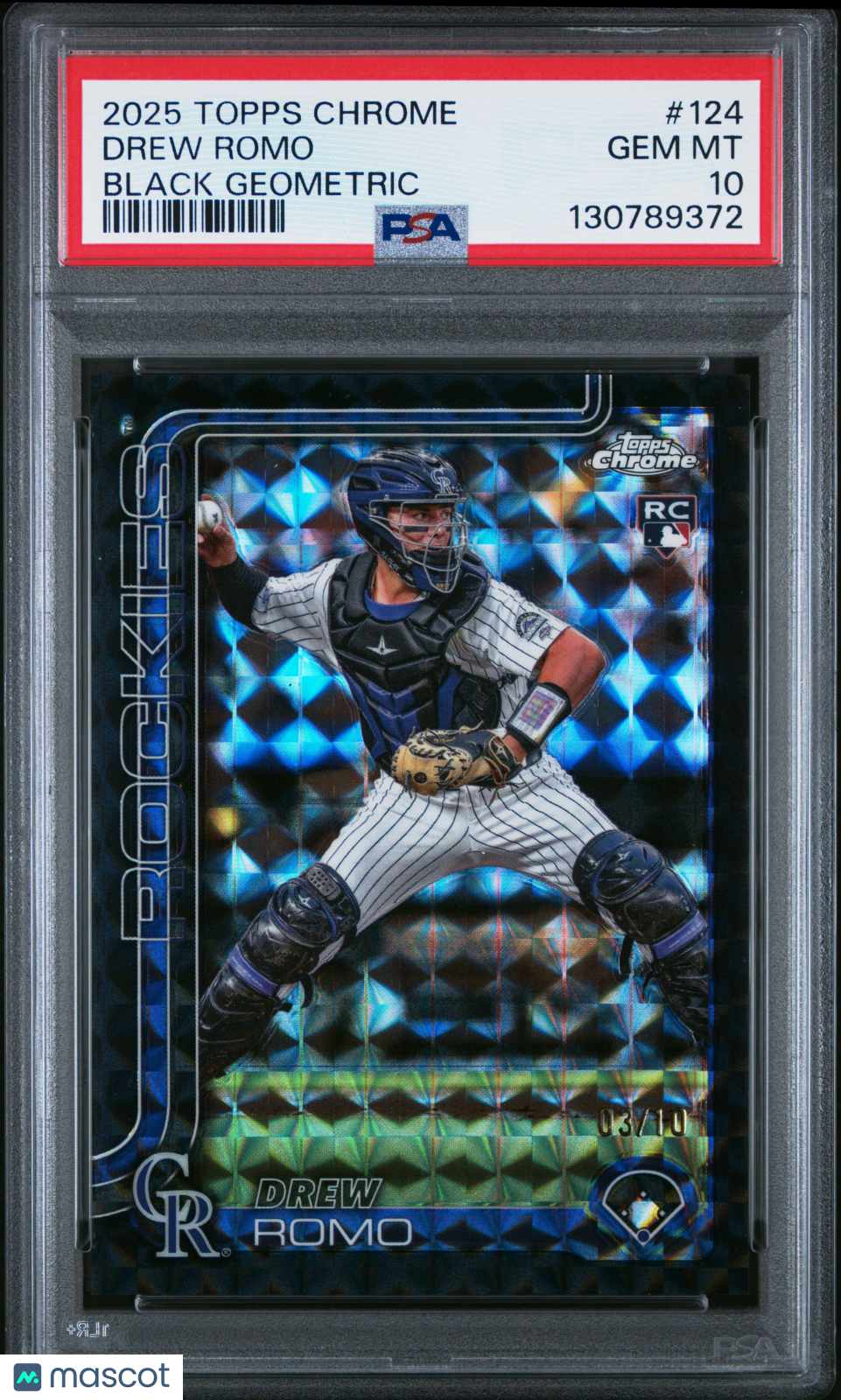 2025 Topps Chrome Drew Romo 124 Black Geometric RC Rookie 03/10 PSA 10Graded Sports Cards
