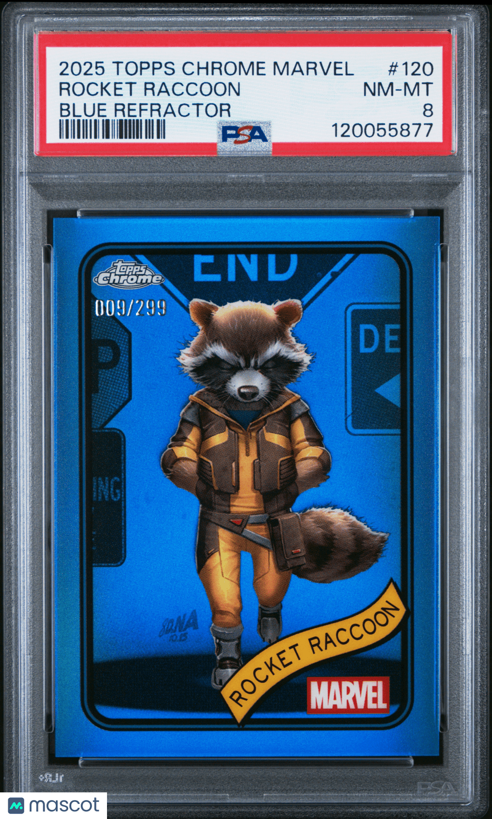2025 Topps Chrome Marvel Rocket Raccoon Blue Refractor 009/299 120 PSA 8Graded Non - Sports Cards