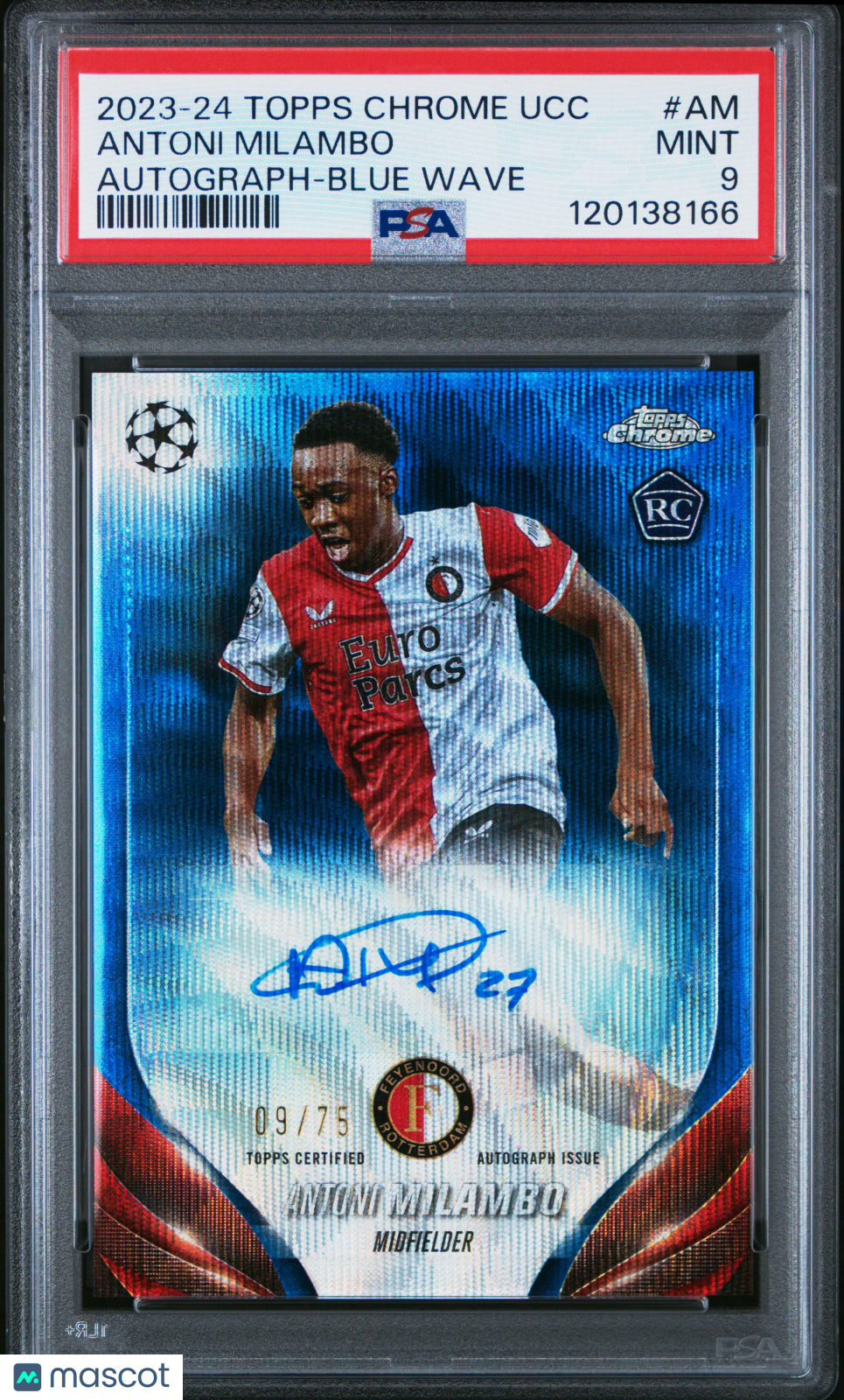 2023 - 24 Topps Chome UEFA Antoni Milambo Blue Wave RC Rookie Auto 09/75 PSA 9Graded Sports Cards