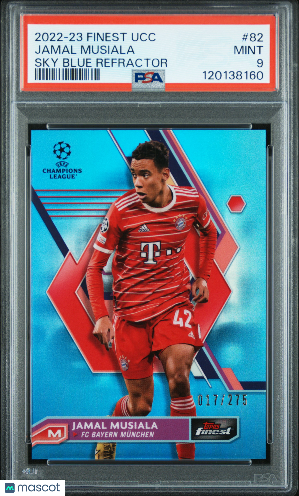 2022 - 23 Topps Finest UEFA Jamal Musiala 82 Sky Blue Refractor 017/275 PSA 9Graded Sports Cards