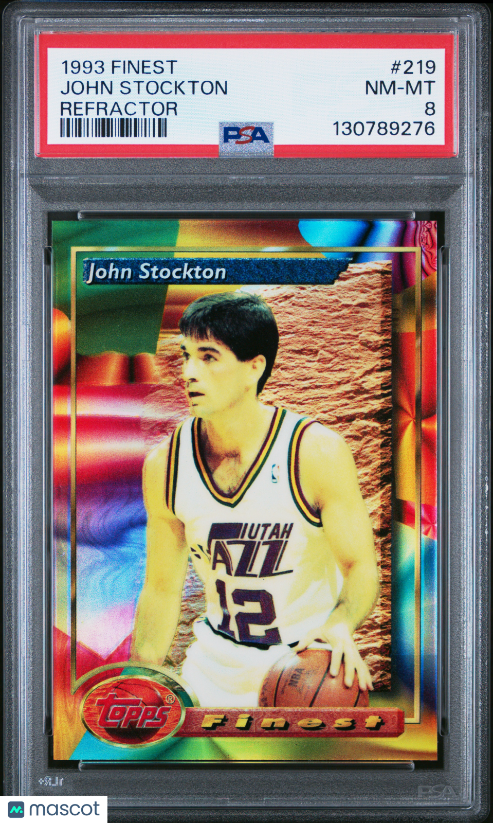 1993 - 94 Topps Finest Basketball John Stockton 219 Refractor PSA 8Graded Sports Cards Main image