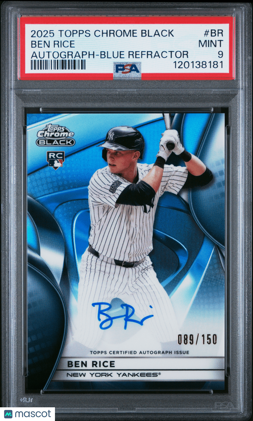 2025 Topps Chrome Black Auto Ben Rice CBA - BR Blue RC Rookie 089/150 PSA 9Graded Sports Cards Main image