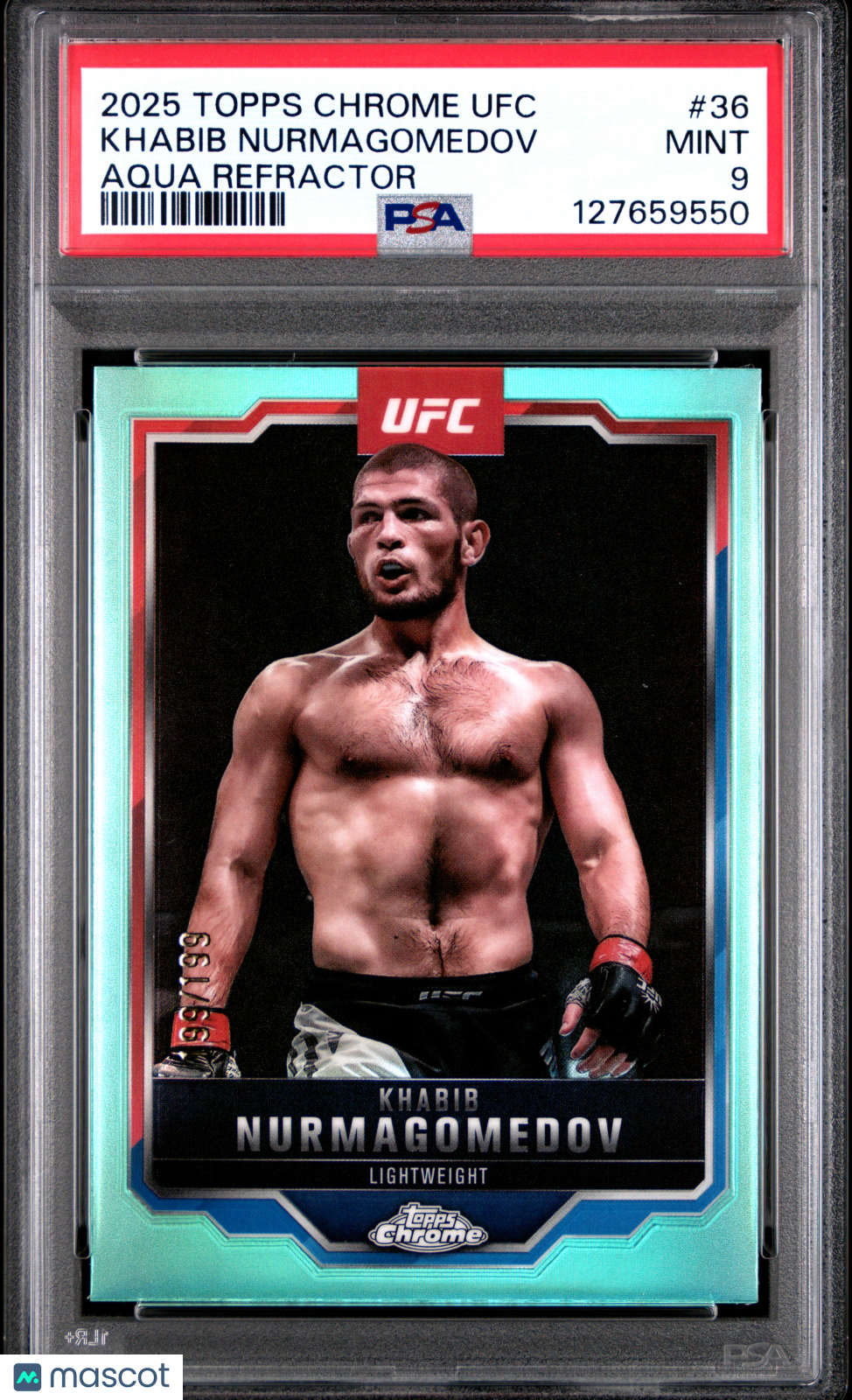 2025 Topps Chrome UFC Khabib Nurmagomedov 36 Aqua Refractor 199/199 PSA 9Graded Sports Cards