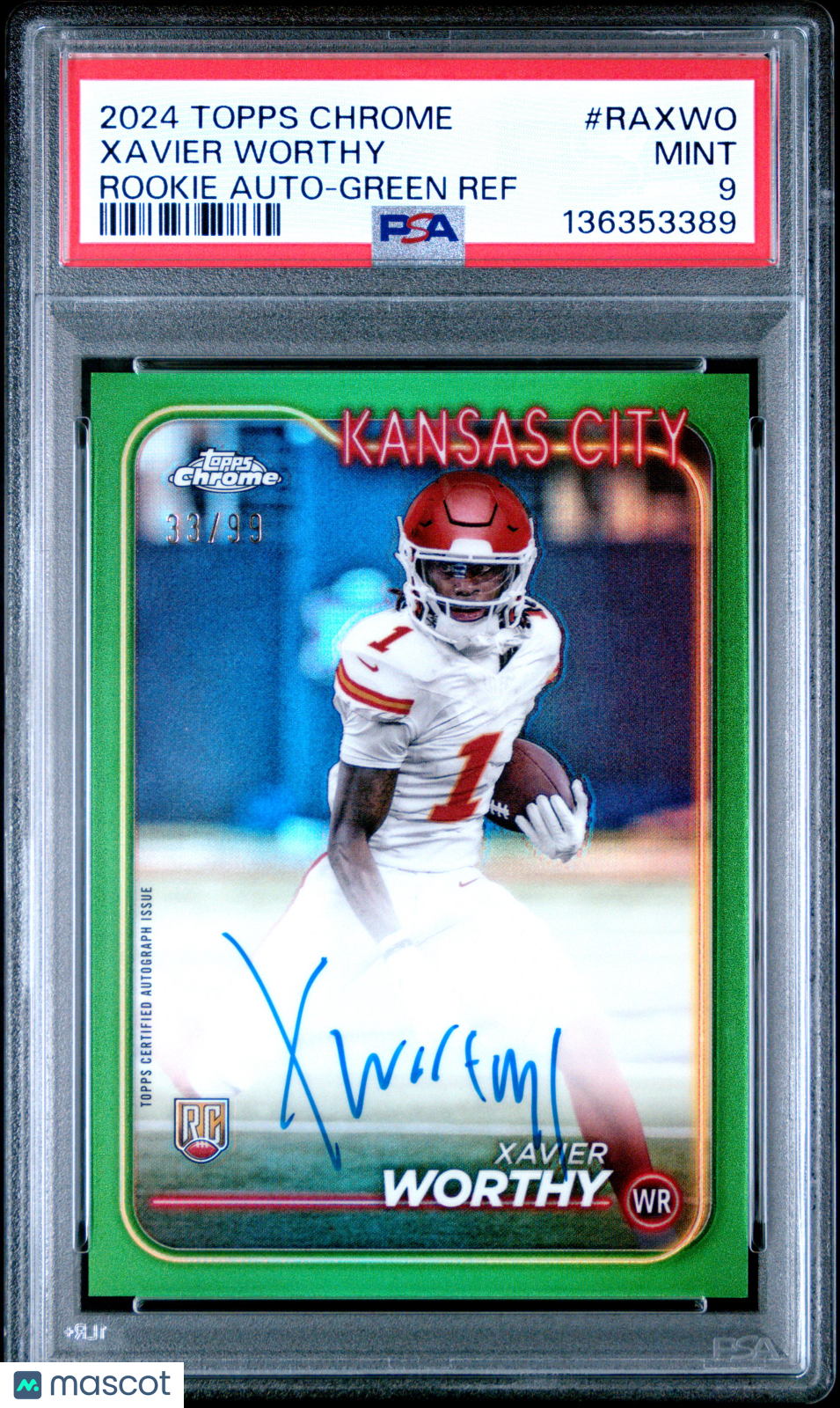 2024 Topps Chrome RC Rookie Auto Xavier Worthy RA - XWO Green Refractor /99 PSA 9Graded Sports Cards