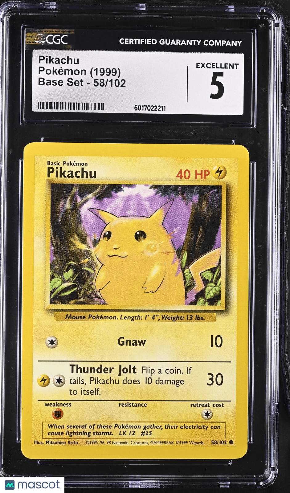 1999 Pokémon Pikachu 58/102 CGC 5Graded TCG/CCG