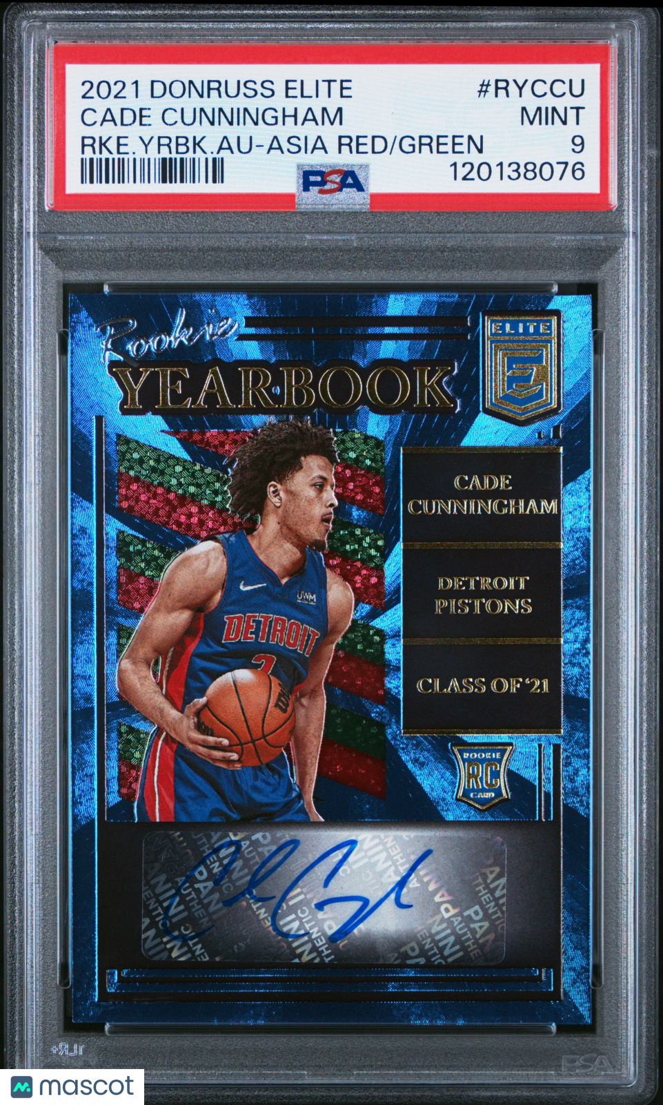 2021 - 22 Donruss Elite Rookie Yearbook Auto Cade Cunningham Asia Red Green PSA 9Graded Sports Cards Main image