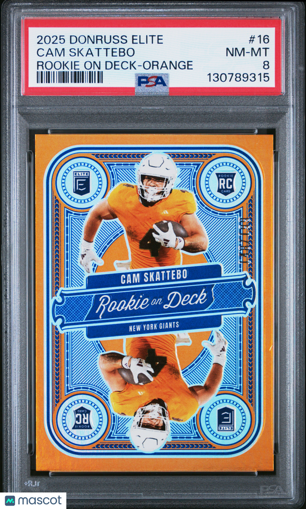 2025 Panini Donruss Elite Rookie On Deck Cam Skattebo #16 Orange 148/199 PSA 8