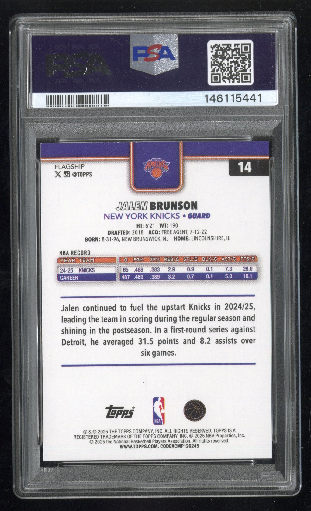 2025-26 Topps Flagship Jalen Brunson #14 Team Color Border SP PSA 9 Secondary image