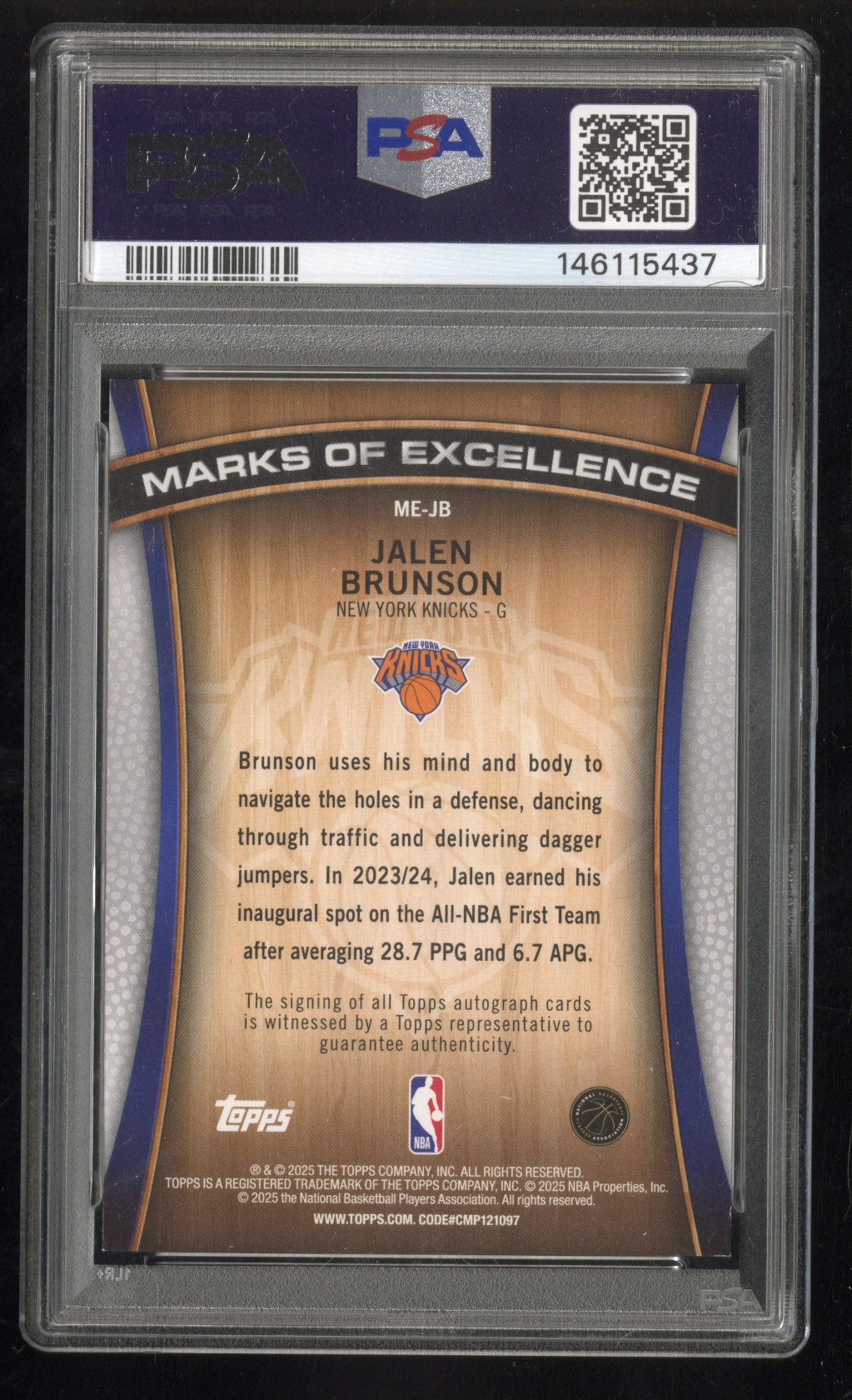 2025-26 Topps Flagship Jalen Brunson #ME-JB Marks Of Excellence Auto Rainbow Foil PSA 7 Secondary image